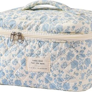 uekeboag Large Travel Quilted Makeup Bag for Women, Floral Cotton Cosmetic Bag, Coquette Aesthetic Floral Toiletry Organizer Bag